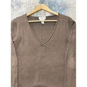 Talbots Brown Mercerized Cotton V-Neck Sweater Womens Small Rolled Hem Knit Top